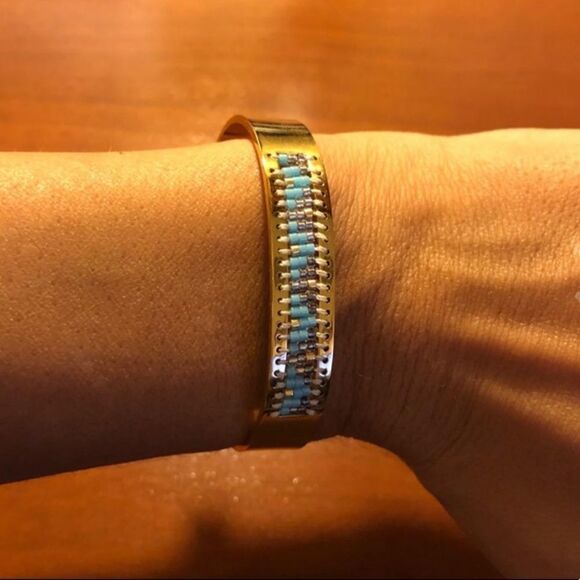 NEW 14K Gold Cuff Bracelet Blue Beaded Womens Gift​ - Picture 5 of 5